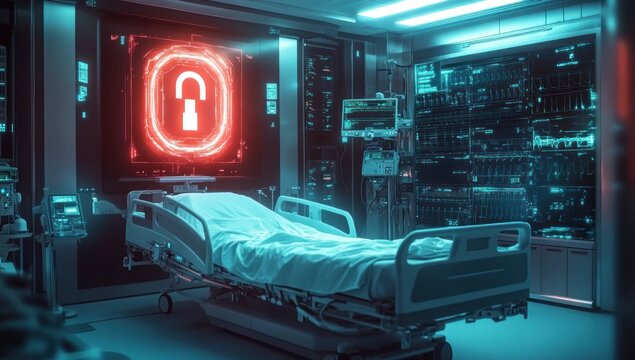 empty futuristic hospital bed in a teal lit intensive care room with medical monitors, racks of equipment and a glowing red unlocked padlock on a screen, ominous tense mood