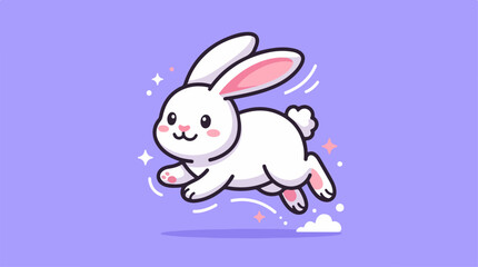 Obraz premium Cute cartoon bunny rabbit jumping with joy on purple background.