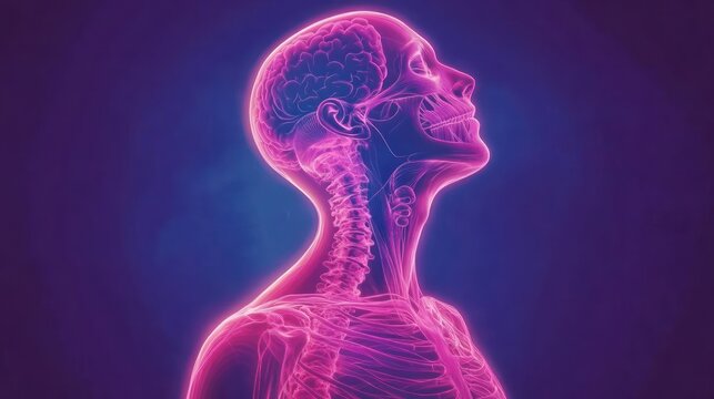 glowing transparent human upper body and skull with illuminated brain and spinal column in neon purple, scientific and contemplative mood