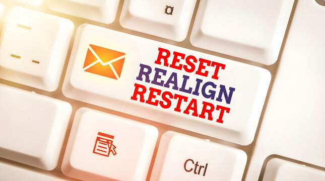 Close up of computer keyboard with reset realign restart button for motivation and change