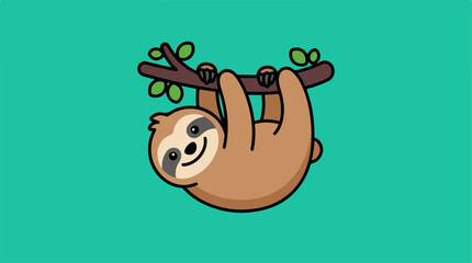 Fototapeta premium Cute cartoon sloth hanging on a tree branch with a smile.