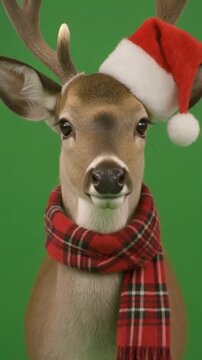 Deer wearing Santa hat and scarf on green background