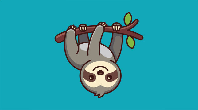 Cute cartoon sloth hanging upside down on a tree branch.