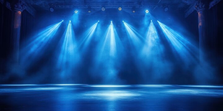 Empty theater stage bathed in blue spotlight beams and fog with ornate columns and reflective floor conveying dramatic, mysterious anticipation