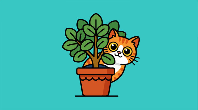 Cute orange cat peeking from behind a potted plant.