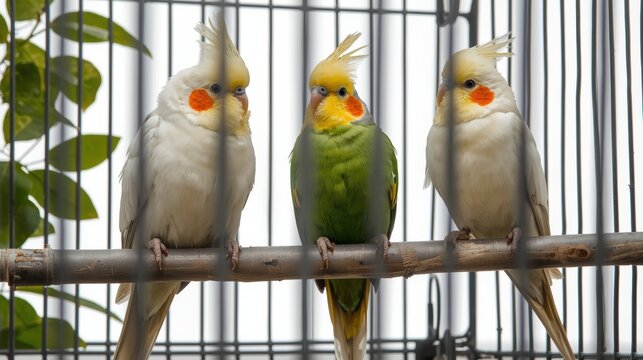 Three colorful cockatiels perched on a metal cage bar together