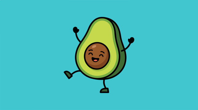 Happy avocado character dancing with joy on a blue background.