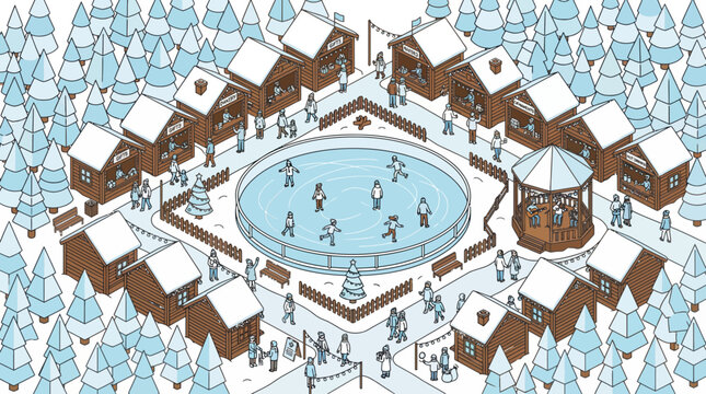 People enjoy a fun winter festival event with ice skating and flat vector illustrations of houses and trees around a frozen pond.