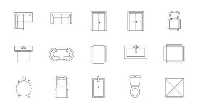 Collection of architectural drawing icons and symbols.