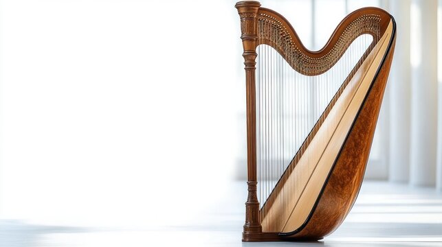 Elegant wooden concert harp standing in a bright minimalist studio, polished curved frame and strings evoking a serene classical mood