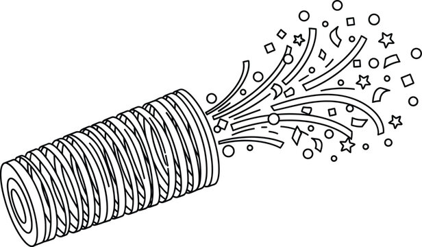A black and white drawing of a coiled object exploding with confetti and stars