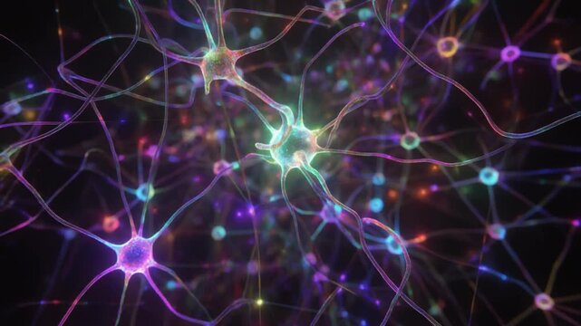 Vibrant digital neural network visualization featuring glowing neurons and synaptic connections representing brain activity, artificial intelligence, medical science, and cognitive processing