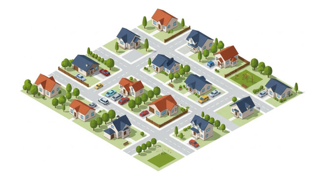 Isometric view of a suburban neighborhood with houses and streets.
