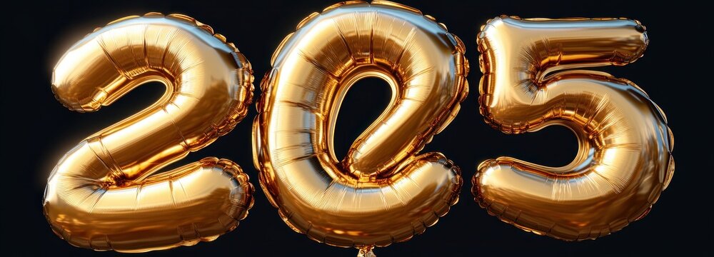 shiny gold foil number balloons forming 205 floating against a dark background with reflective studio lighting and a festive celebratory mood