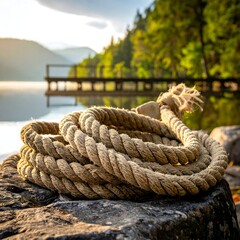 Fototapeta premium A coiled rope rests on a rock in front of a calm lake and distant trees