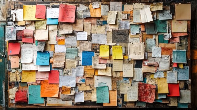 worn wooden bulletin board plastered with layered handwritten notes and colorful paper scraps, busy nostalgic clutter