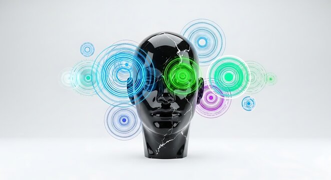 Futuristic Black Head Sculpture with Colorful Digital Circles and Lines in Modern Art Style