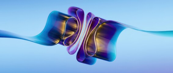 Obraz premium Abstract 3D Wide Colorful Silk Ribbon, Neon Blue Red Purple Gradient Reflective Gloss, Lilac Background Futuristic Smooth Digital Art