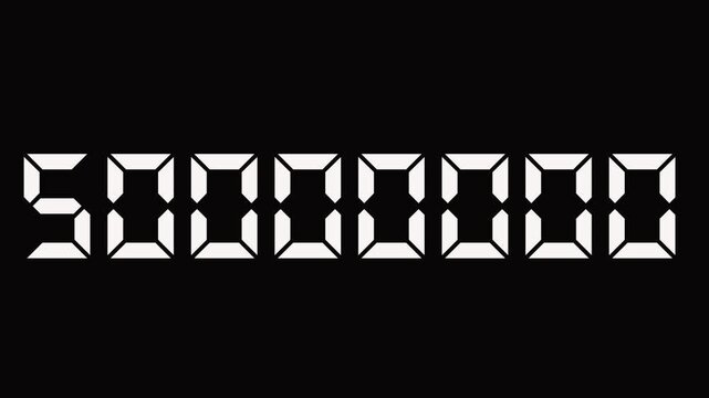 10,00000 countdown timer animation, 0 to 1000000 seconds countdown on black background.