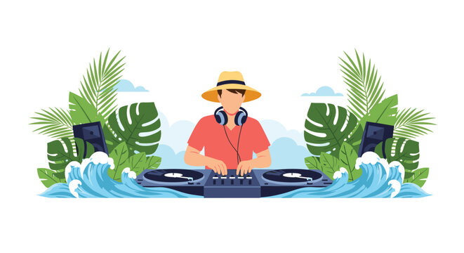 Professional male DJ playing music on a deck surrounded by tropical palm leaves and ocean waves at a vibrant summer beach party event.