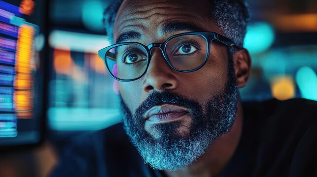 Close-up of a bearded man wearing glasses concentrating at a glowing computer workstation with colorful blurred code screens and neon blue-orange lighting