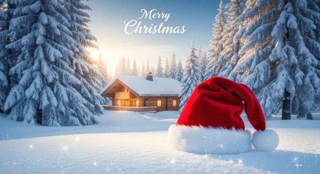 A red Santa hat on a snowy landscape with a cabin in the background.