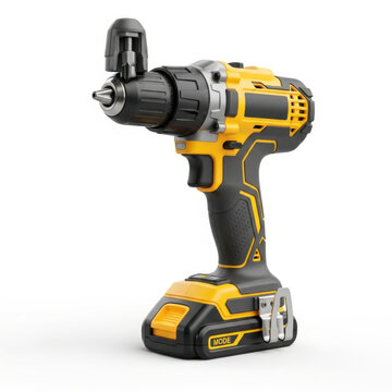 Yellow and black cordless power drill with keyless chuck on white background