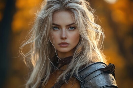 Armored figure with long blonde windblown hair and weathered metal shoulder pauldron standing in warm golden autumn woodland, calm determined expression