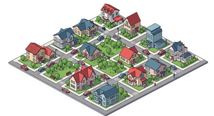 Fototapeta premium Isometric view of a suburban neighborhood with houses and streets.