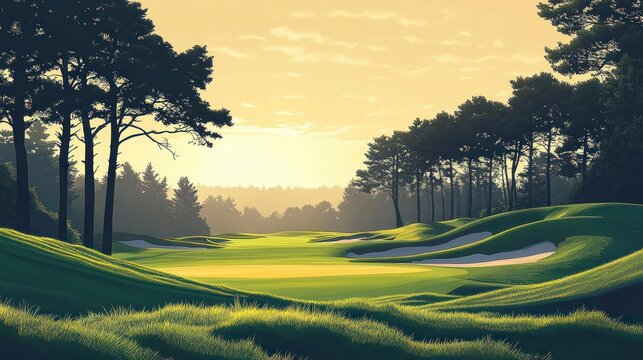 sunlit golf fairway framed by tall pines and rolling sand bunkers at golden hour, calm tranquil morning landscape