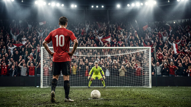 Soccer player vs. Goalie in a packed stadium. World Cup