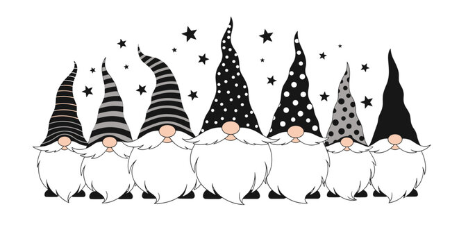 Group of seven cute gnomes with different black and white patterned tall hats standing together with stars in the background.