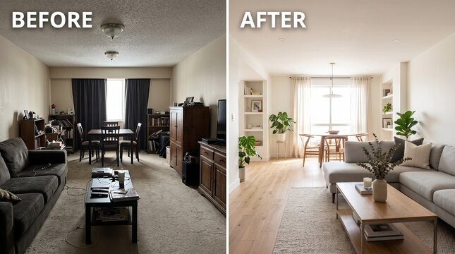 Living Room Renovation: Before and After Transformation, Clutter to Modern Comfort