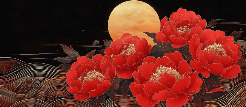 large red peony blossoms beneath a golden full moon over flowing gilded waves, elegant serene nighttime floral scene