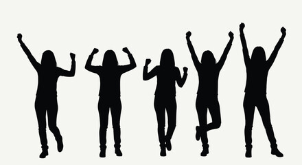 Fototapeta premium Silhouette group of five energetic women celebrating with their arms raised in poses of victory and joy on white.