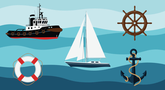 Nautical themed vector collection featuring a tugboat, sailing ship, anchor, lifebuoy, and steering wheel on ocean waves.