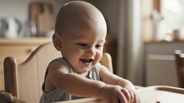 Adorable Baby Sitting in High Chair, Smiling Happily and Reaching Out