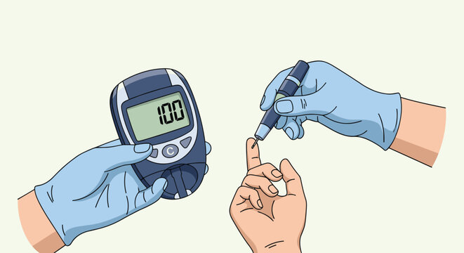 Medical professional wearing blue gloves measuring patient blood glucose level with digital monitor for diabetes care.