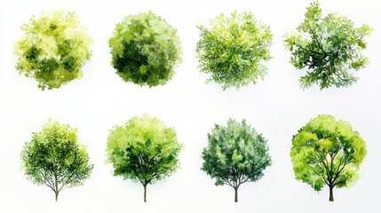 Fototapeta premium twelve hand-painted watercolor green trees in a grid showing varied canopies and trunks, a fresh peaceful botanical study