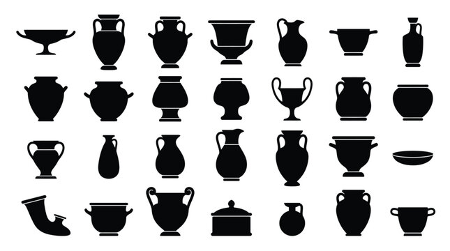 Ancient Greek Pottery Silhouette Collection of Amphora Vase and Vessel Icons for History Museum and Classic Art Graphics