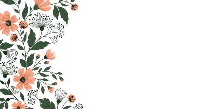 Beautiful floral border featuring peach blossoms and green foliage on a white background for invitations or greeting cards.
