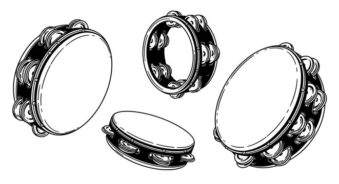 Four hand-drawn illustrations of tambourines in various positions, side view, black and white