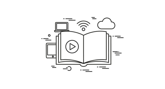 e learning graphic showing an open book digital devices and wifi for online education and digital learning.