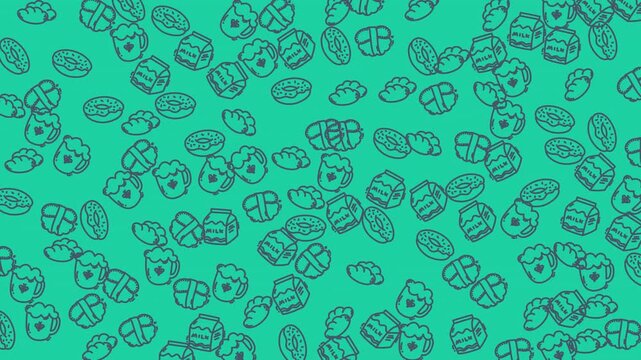 Handdrawn doodle food displays handdrawn donuts milk cartons bread and coffee mugs on a green surface.