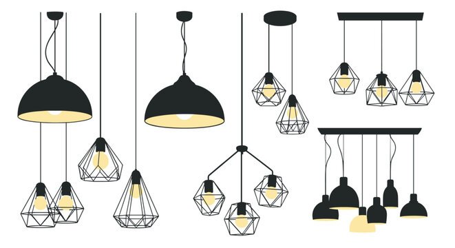 Extensive collection of contemporary black pendant light designs with different lampshade shapes and geometric wireframes.