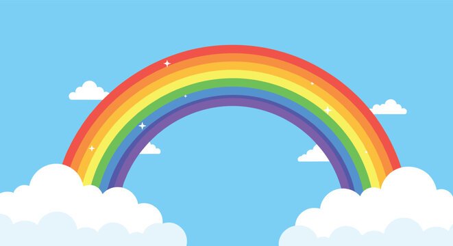 Vibrant seven-colored rainbow arching across a clear blue sky between fluffy white clouds with tiny sparkling stars in a flat design style.