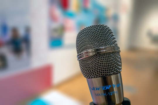 Calgary, Alberta, Canada. April 13, 2026. Close-up of a VocoPro Mark-12Pro microphone in a studio with a colorful blurred background.