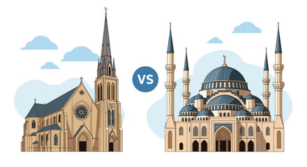 Obraz premium Comparison of traditional architecture between a Christian church and an Islamic mosque under a blue cloudy sky.