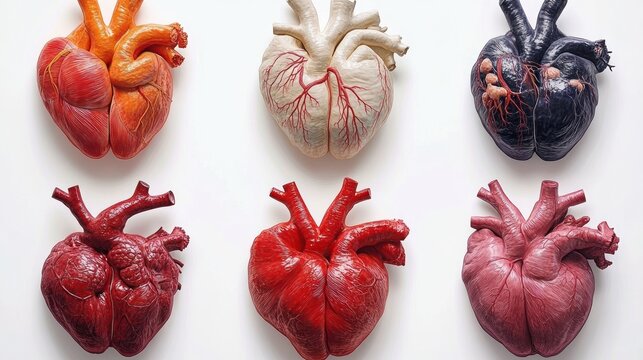 Six detailed anatomical heart models arranged in two rows of three with varied colors and textures on a white background, evoking clinical precision and uncanny beauty