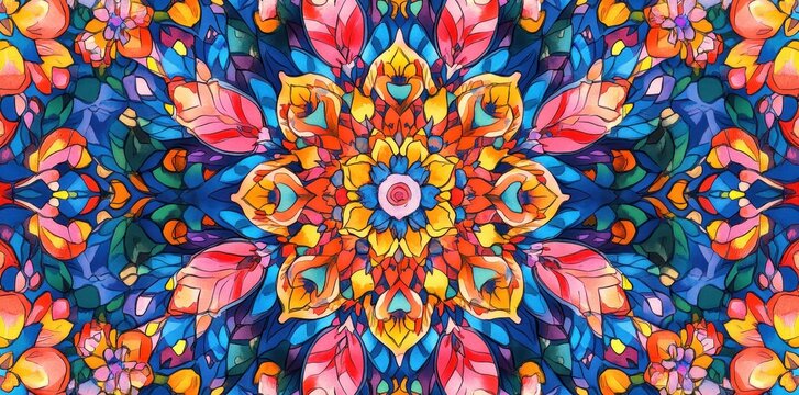 vibrant symmetrical floral mandala with layered colorful petals and leaves radiating joyful energy